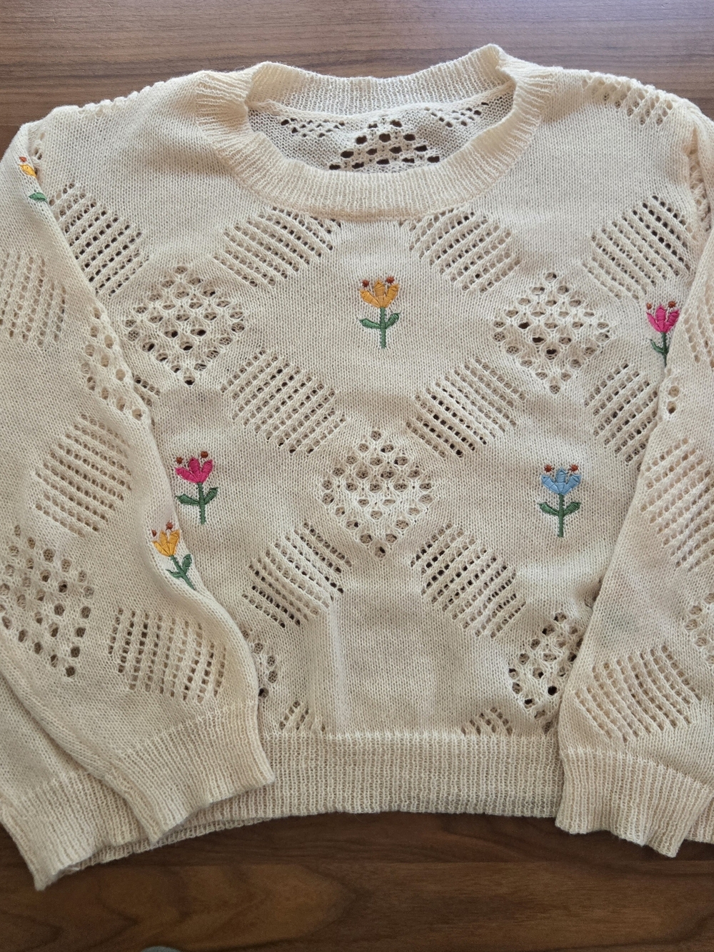 Cottagecore Floral Open Knit Crochet Sweater Cream 2x